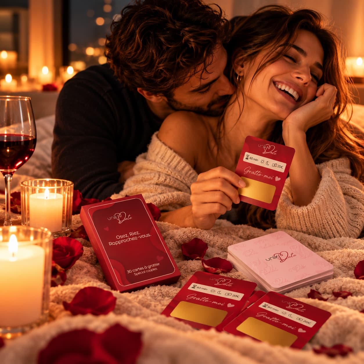 Un couple partage un moment complice avec les cartes à gratter UNIKDATE